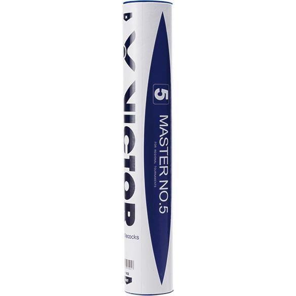 A cylindrical tube containing premium Victor Master No.5 feather badminton shuttlecocks, featuring the brand's distinctive blue and white design, prominently displays the number 5, making them an ideal choice for tournament use.