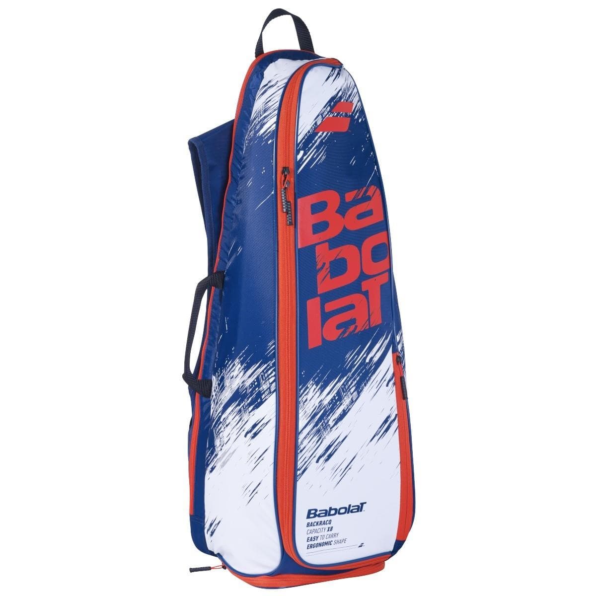 The Babolat Backracq Badminton Bag, in a stylish navy blue and white color scheme, showcases a bold logo design. This practical bag includes a convenient zipper, a dedicated shoe compartment, and a shoulder strap for easy carrying.