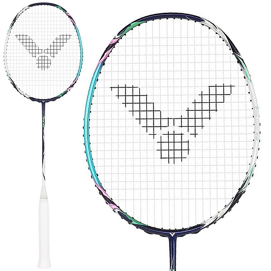 A close-up of the Victor Auraspeed HS B Badminton Racket - Blue highlights its intricate string design. Its frame, augmented with Nano Fortify SR technology, boasts bold colors, while the white handle ensures a secure grip—ideal for any doubles racket aficionado.