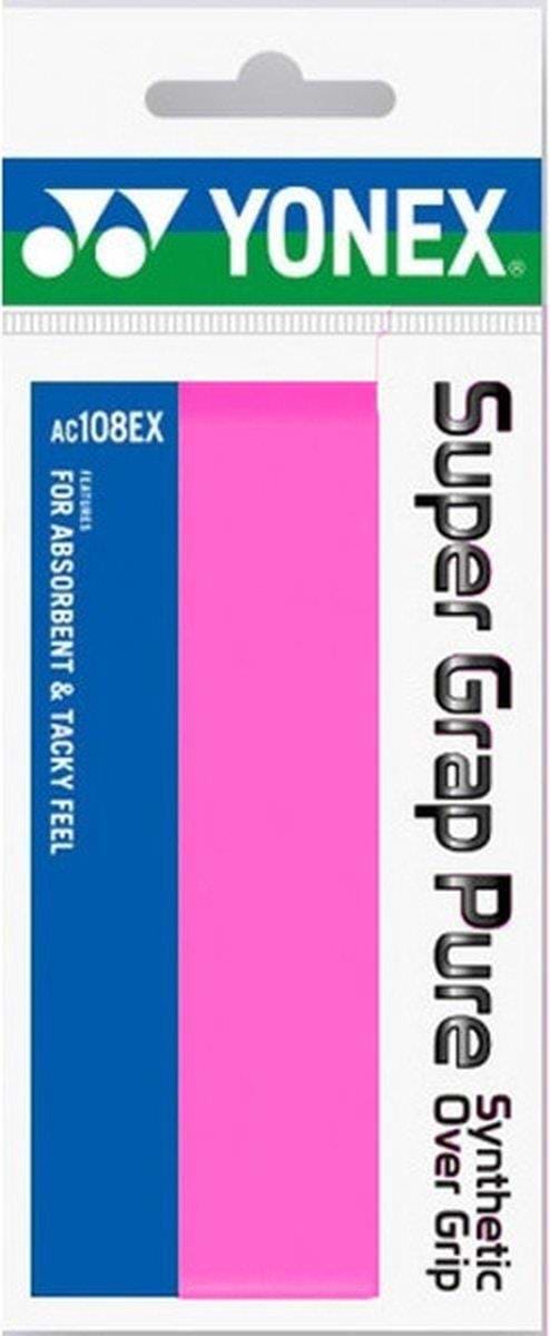 The Yonex AC108 Super Grap Pure - Pink packaging highlights its absorbent, tacky-feel overgrip in a vibrant pink color.