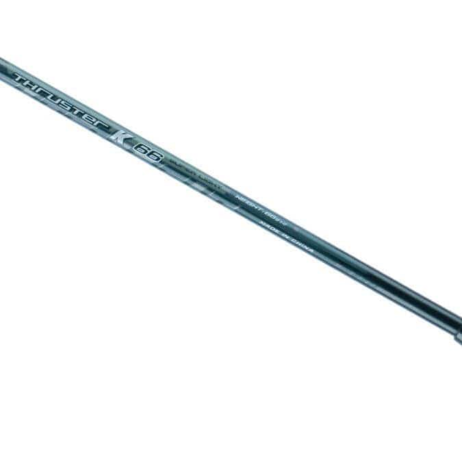 Close-up of the lightweight shaft of a Victor Thruster K66 Badminton Racket - Blue by Victor, featuring the text "Thruster K 66" and highlighting its advanced technologies against a white background.