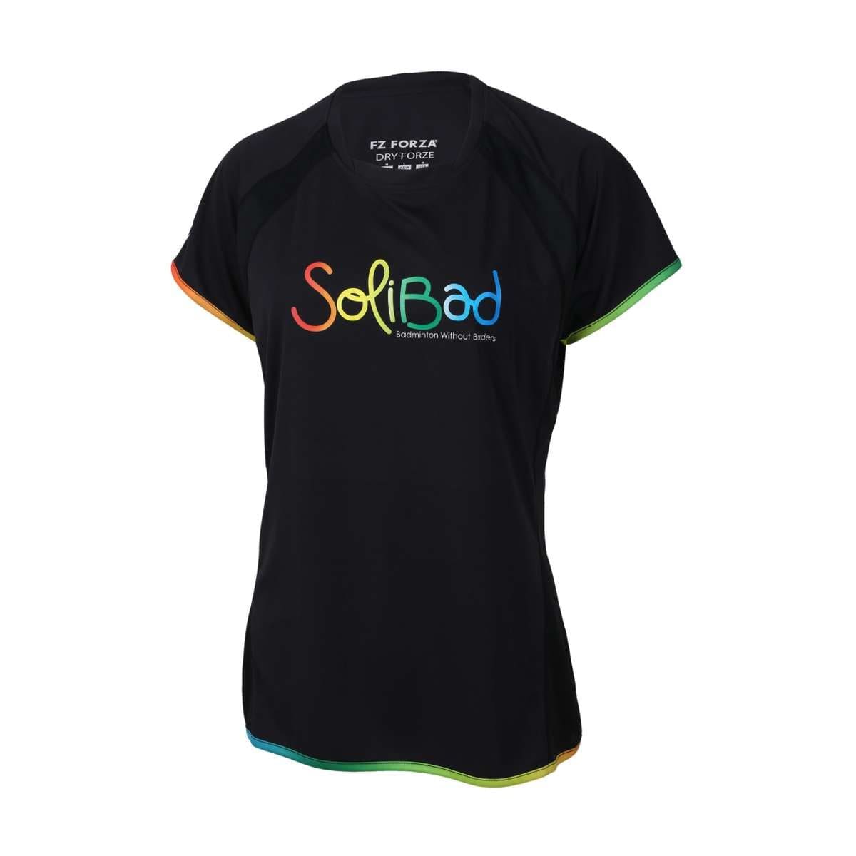 The FZ Forza Bulgur Solibad Badminton T-Shirt is a stylish black top with vibrant rainbow trim on the sleeves and hem. It prominently features "Solibad" in colorful lettering on the front, making it an ideal choice for the badminton community. Additionally, small text near the collar emphasizes its connection to the sport.