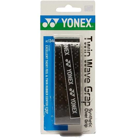 The Yonex AC139EX Twin Wave Grap Badminton Overgrip in black prominently features the brand's logo and highlights its notable qualities. As a synthetic overgrip designed for rackets, it provides an outstanding tacky feel and includes a twin rubber center strip for improved performance.