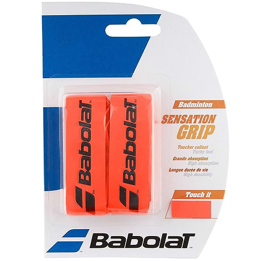 Package includes two Fluo Red Babolat Badminton Grip Sensation tapes, ideal for serious badminton players. The packaging emphasizes features such as tacky grip, excellent absorption, and long-lasting durability, making them perfect for high-quality match play.