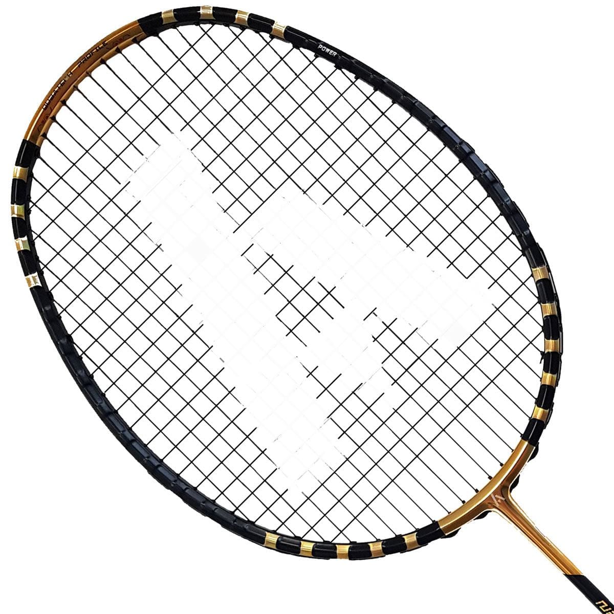 The Ashaway Nanoqube X1 badminton racket, from the advanced Qubatech profile range, boasts a stylish black and gold frame paired with black strings, creating a striking contrast against a white background.