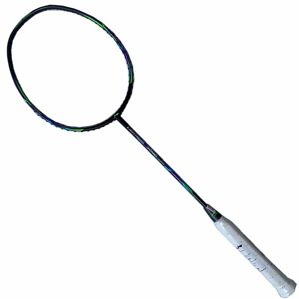 Presenting the Li-Ning Lightning 3000 Badminton Racket in Grey/Black, featuring a flexible shaft and a white handle complemented by a dark frame with green and blue accents. Its Dynamic-Optimum Frame guarantees performance while maintaining a sleek, minimalist design ideal for the court.