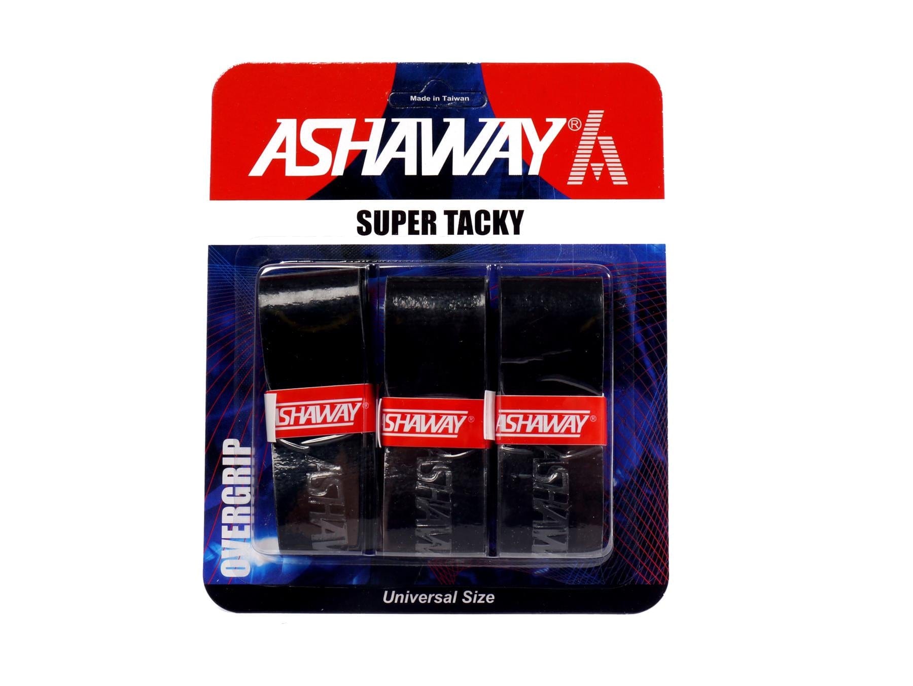 The packaging of the Ashaway Super Tacky Badminton Overgrip - Black - Set of 3 features three black overgrips embellished with red and white branding. The brand name, Ashaway, is prominently displayed at the top, and "Universal Size" is highlighted at the bottom to emphasize its adaptable fit for all users.