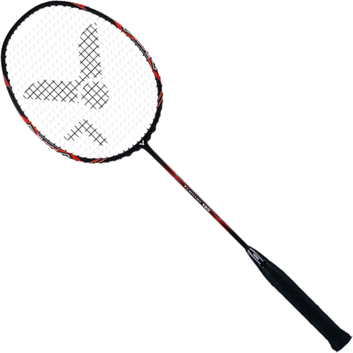 Explore the Victor Trainer 135 Badminton Racket in Black and Red, crafted by Victor for stamina and strength training. This racket boasts a sleek black handle and a white string net, enhanced with an intricate logo design woven into the net.