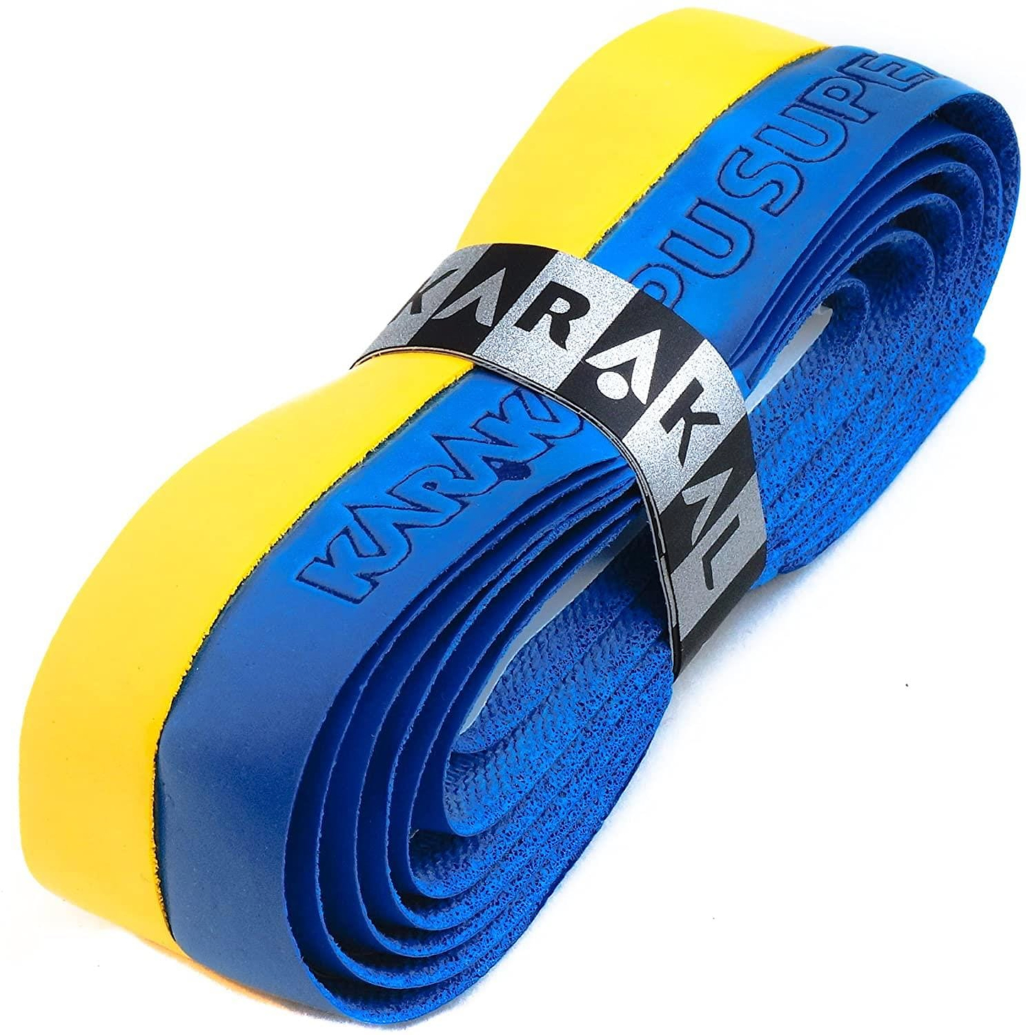 A Karakal PU Badminton Duo Super Grip Single in blue and yellow, wrapped with a Karakal branded band, ideal as a replacement grip.