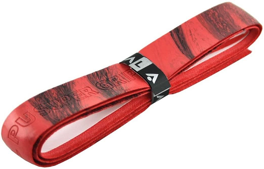 A rolled Karakal PU Badminton Super Grip Marble Effect Single in red showcases a textured, marble-like pattern for enhanced performance. The grip is secured in the middle by a black band that proudly displays the brand name, Karakal, in white letters.