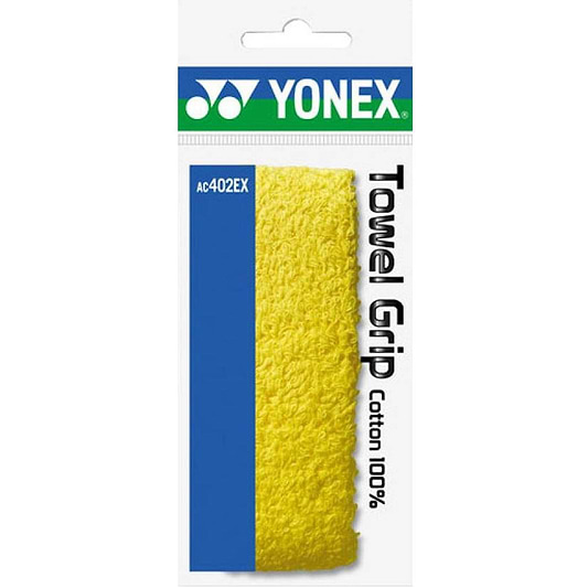 The Yonex AC402EX Badminton Towel Grip in yellow, made entirely from cotton, offers outstanding absorbency and guarantees a comfortable and secure grip during every match.