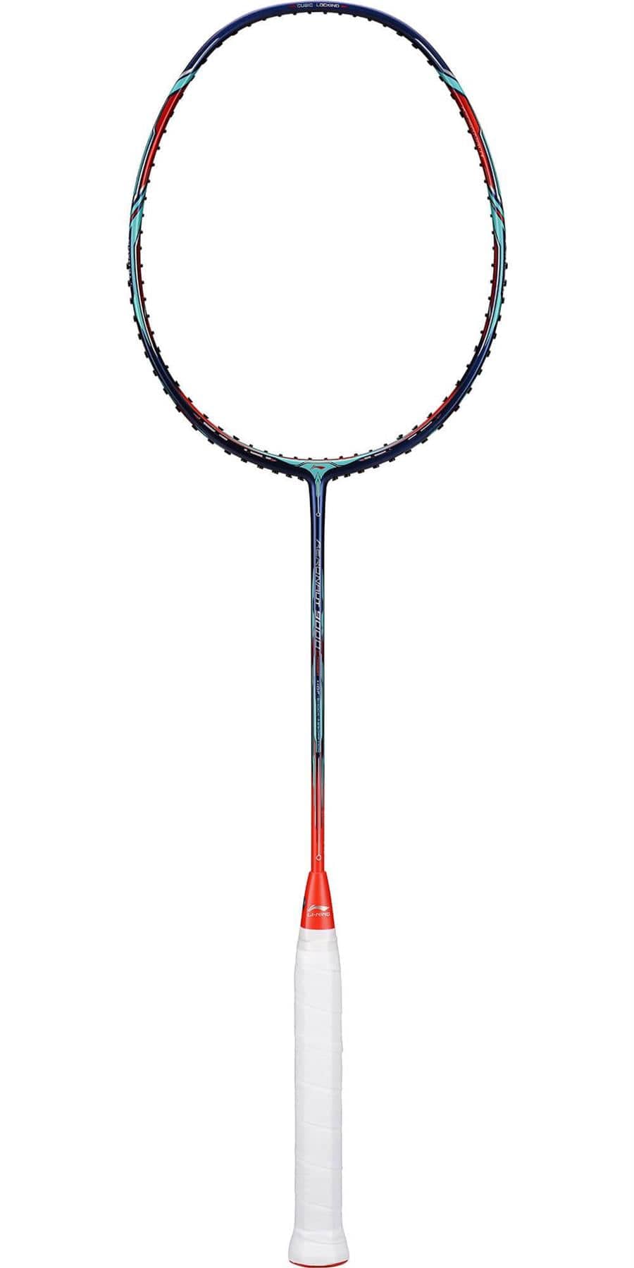 The Li-Ning Aeronaut 9000 Combat Badminton Racket by Li-Ning highlights an aerodynamic frame for enhanced precision and control, featuring a sleek design in a blue and red color scheme. It is displayed upright against a plain white background, emphasizing its white grip handle.