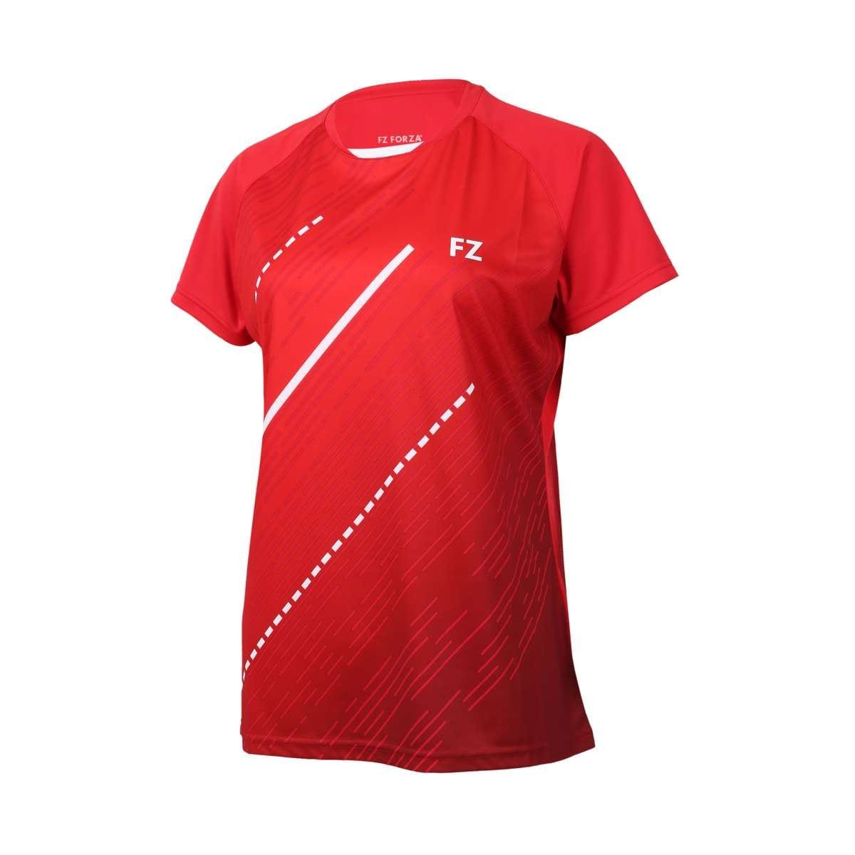 The FZ Forza Bali Red Girls/Womens Badminton T-Shirt by FZ Forza is a short-sleeved sports shirt showcasing the "FZ" logo on the chest. It features diagonal white stripes and dotted lines across the front, crafted from a comfortable, stretch-resistant material ideal for athletic activities.