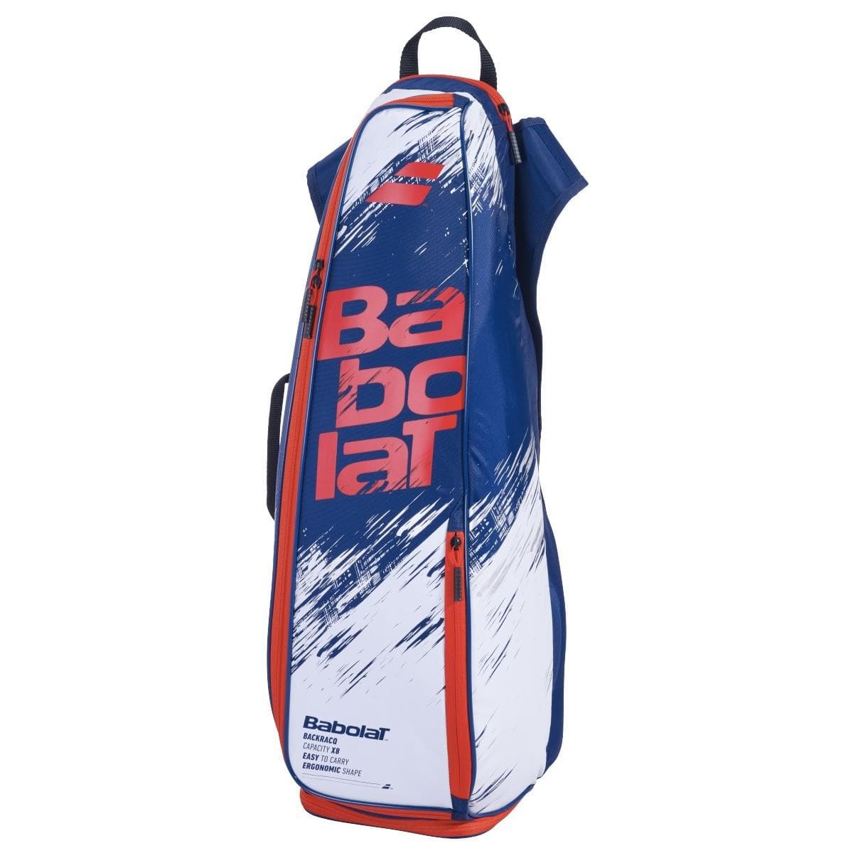 The Babolat Backracq Badminton Bag in Navy Blue and White showcases a practical design with red accents. The prominent Babolat logo appears on the side in red. This bag features multiple zippers, a dedicated shoe compartment, and a top handle for effortless carrying.