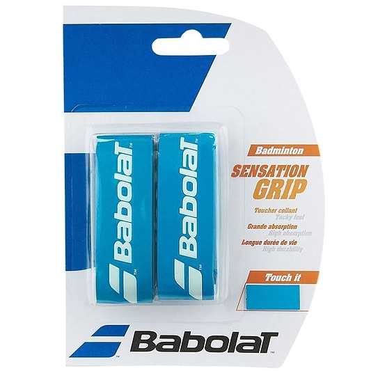The Babolat Badminton Grip Sensation - Blue - 2 Pack provides two grips ideal for badminton match play. With features like "Toucher collant," "Grande absorption," "Touch it," and "Longue durée de vie" highlighted in the text, you'll experience a tacky grip that improves every shot on the court.