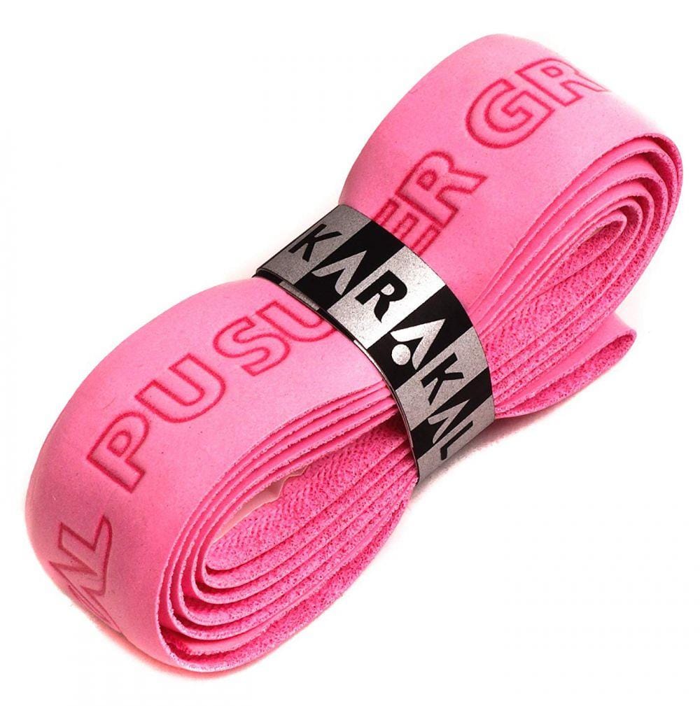 The Karakal PU Badminton Super Grip Single in pink is ideal for racket sports, featuring a textured surface with embossed lettering. Wrapped with visible branding on a black band, this grip delivers exceptional performance and style.