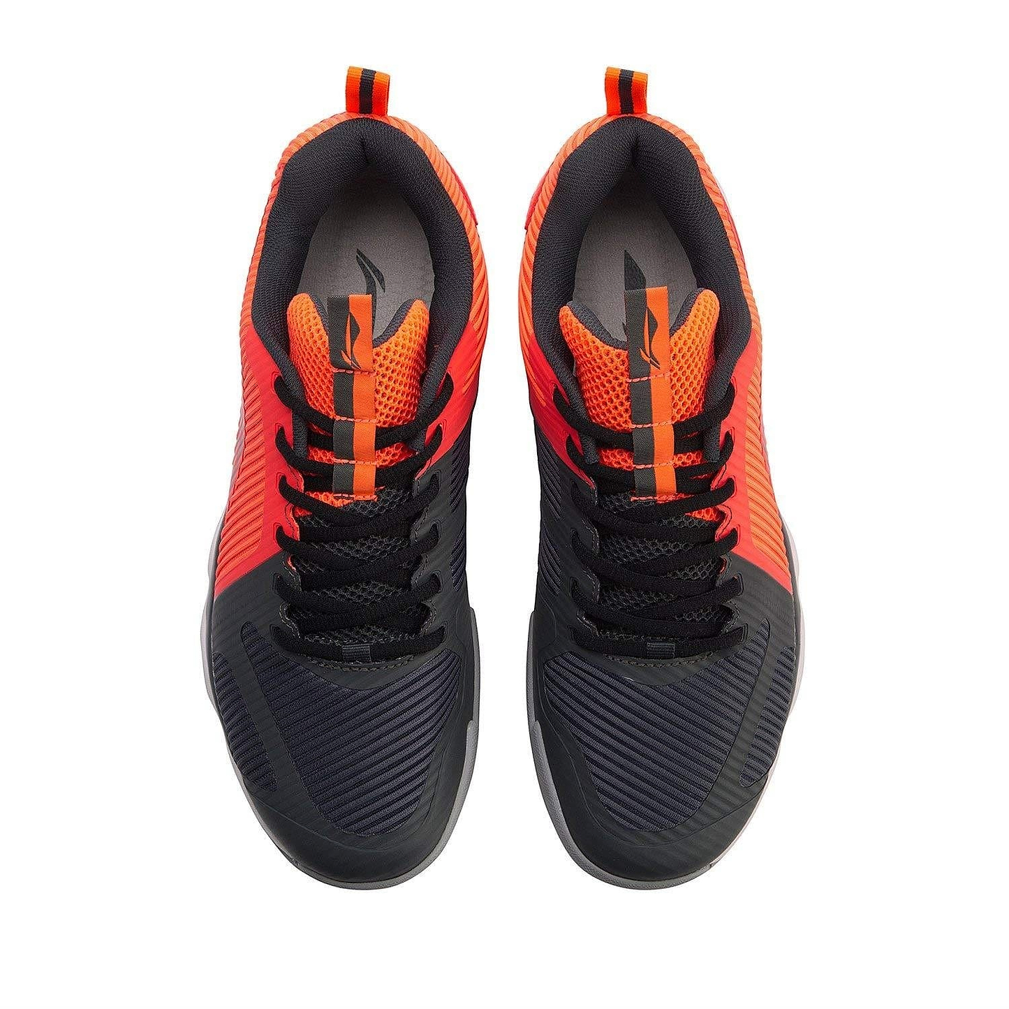 A top view of the Li-Ning Ranger TD Men's Badminton Shoes reveals a vibrant orange, black, and red design. These shoes feature black laces and display a stylized logo on the tongue and heel. The biometric outsole ensures optimal performance.