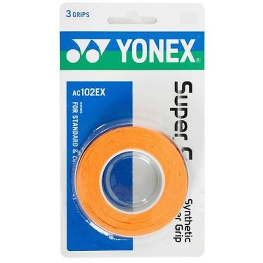 The Yonex AC102EX Super Grap Badminton Overgrip - 3 Pack in orange features three synthetic grips that excel in sweat absorption. The overgrips are arranged circularly, with the branding clearly displayed to provide both comfort and performance on the court.