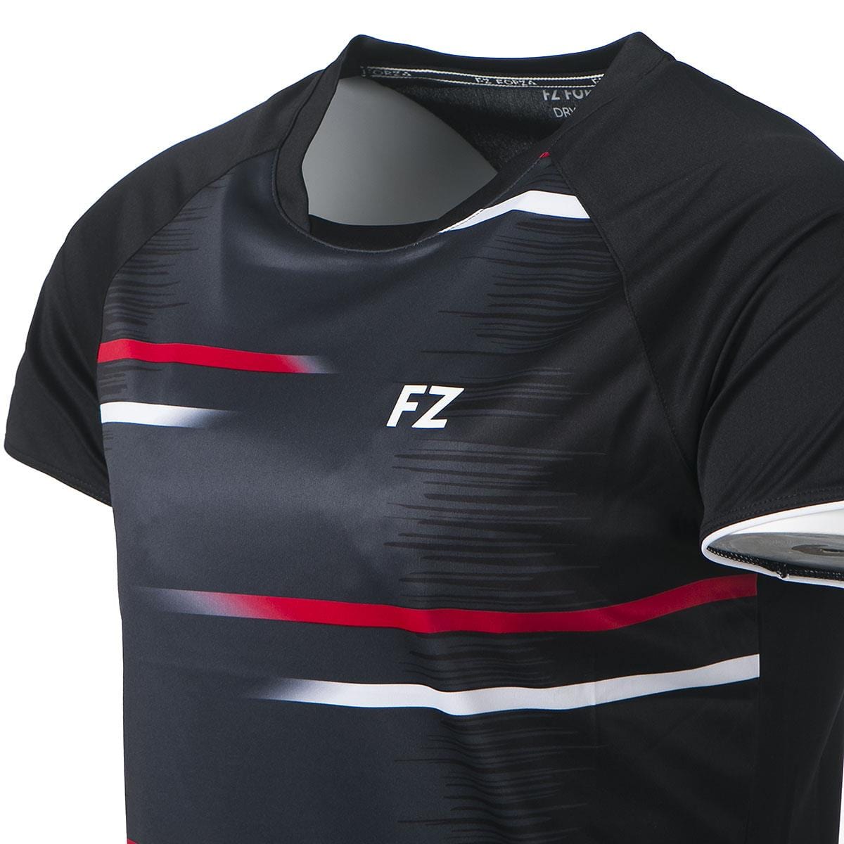 The FZ Forza Mobile Women's Badminton T-Shirt in black, adorned with abstract red and white horizontal stripes and featuring the "FZ" logo on the chest, showcases Danish design elegance. Perfect for badminton attire, it features short sleeves, a round neck, and is enhanced with Dryforze technology to ensure ultimate comfort.