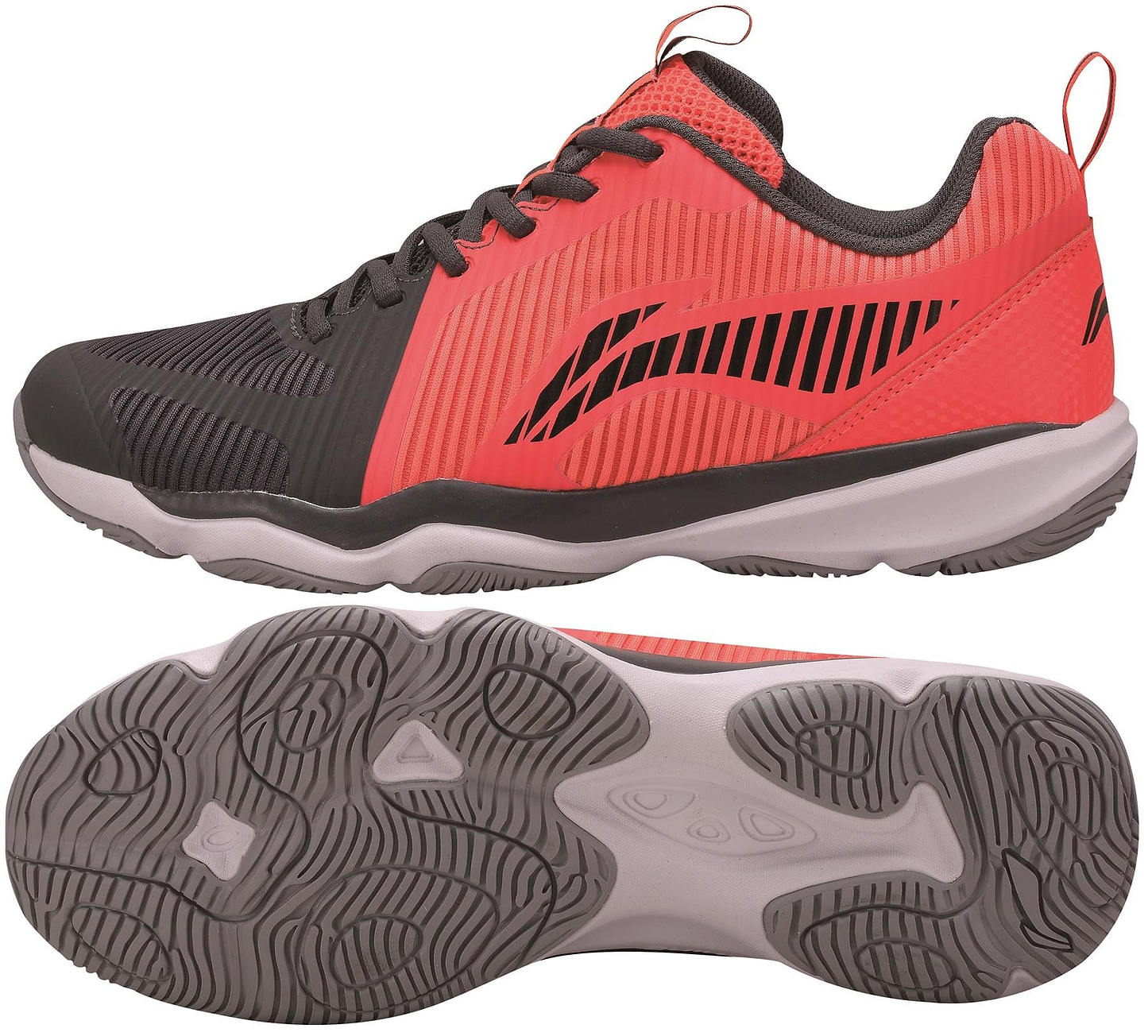 The Li-Ning Ranger TD Men's Badminton Shoes feature red and black uppers with a sleek, sporty striped design. This breathable shoe comes with gray soles and a biometric outsole to enhance traction and performance on the court.