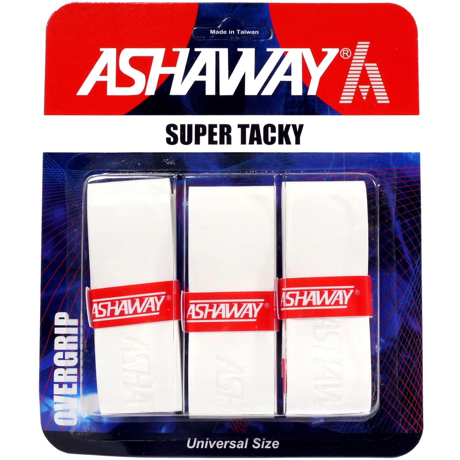 A set of three Ashaway Super Tacky Badminton Overgrips in white, known for their superior grip performance, is showcased in packaging featuring red accents with the text "Made in Taiwan" prominently displayed at the top.