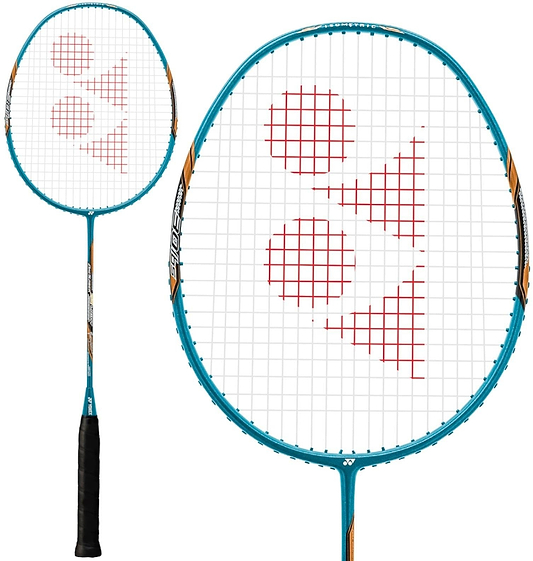 The Yonex Arcsaber 73 Light 5U Badminton Racket in Aqua Blue features a black grip, white net with a red Yonex logo, and is displayed in full and close-up views. This lightweight racket from Yonex combines style and precision.