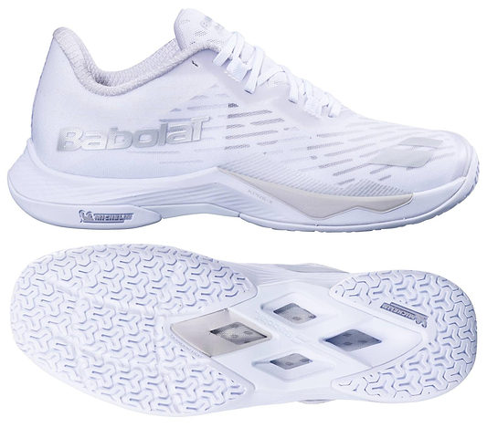 Two angles of the Babolat Shadow Tour 5 Womens Badminton Shoes - White: a side view with the Babolat logo, and a sole view showing its patterned indoor court grip and textured design.