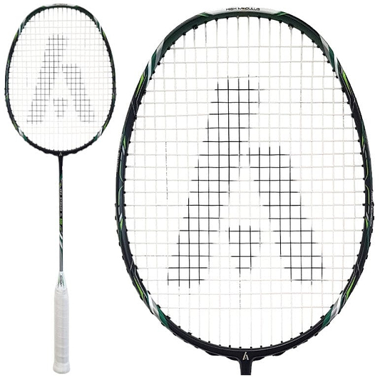 The Ashaway Vex Striker 500SL Badminton Racket by Ashaway is a black and white ultralight racket featuring a patterned string design. It includes a white grip on the handle, while the upper frame boasts green accents. Constructed with graphite, it offers an enhanced sweet spot, and its strings create a distinct geometric logo.