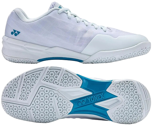 Yonex Power Cushion Aerus X2 Unisex Badminton Shoes in white with blue accents. One shoe shows the Yonex logo from the side, while the other reveals a textured sole with hexagonal patterns and "YONEX" branding.
