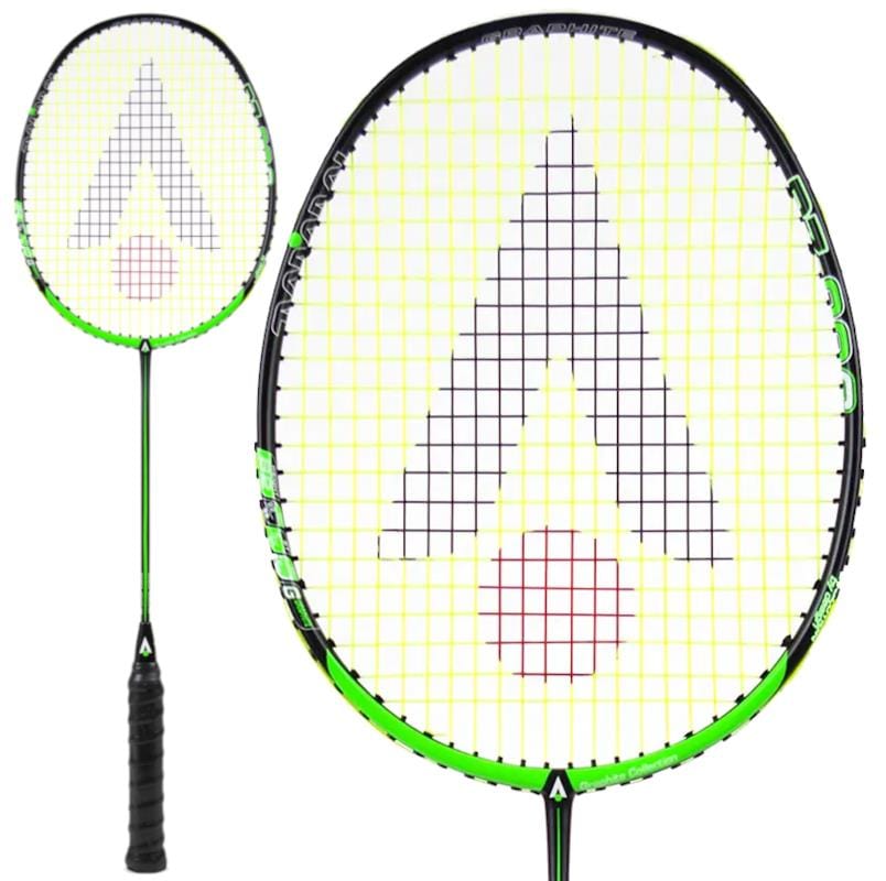 The Karakal Black Zone BZ 20 2.1 Badminton Racket in black and green features a large triangular logo on the strings with a red dot below. Its isometric head design and black-wrapped handle enhance playability, while the lightweight, glossy frame is ideal for performance-driven players.