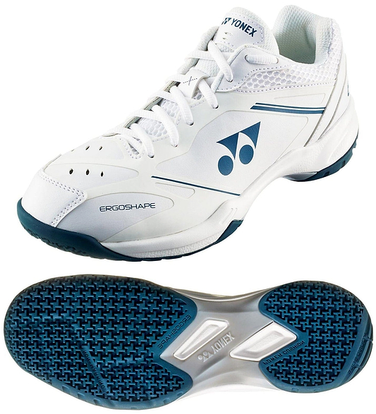 Yonex Power Cushion 65X4 Unisex Badminton Shoes in white feature blue accents and a side logo with "ERGOSHAPE" text. Designed for comfort and performance, the separately shown sole has a blue and white tread pattern to enhance grip and reduce fatigue.