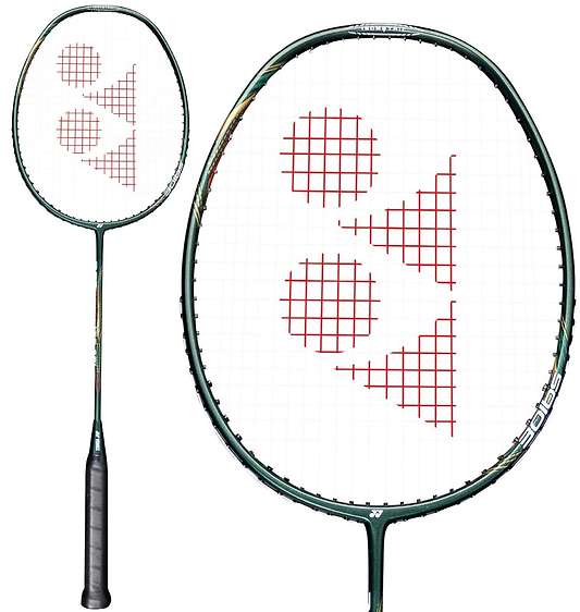 A Yonex Astrox Light 43i 5U Badminton Racket by Yonex in dark green, featuring a black handle and frame, red Yonex logo on a white strung head, shown fully and with a close-up of its lightweight hi-flex shaft.
