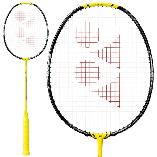 This image features the Yonex Nanoflare 1000 Game 4U badminton racket, boasting a sleek and stylish design with a bold lightning yellow handle. The intricate string pattern is highlighted by red geometric shapes, enhanced by the Sonic Flare System for superior performance.