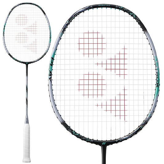 Two Yonex Astrox 88 Play 4U Gen 3 2024 badminton rackets in black and silver are displayed against a white background. The larger image features the head of the racket, showcasing a striking geometric red logo on the strings with an ISOMETRIC design. The smaller image highlights the handle wrapped in white grip tape.