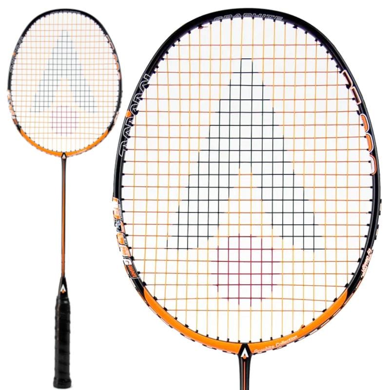 Close-up of the Karakal Black Zone BZ 30 2.1 Badminton Racket, featuring a black and orange frame and isometric head with a stylized "A" logo design on the strings. The black handle includes a grip. Another angle of this Karakal racket is visible in the background.