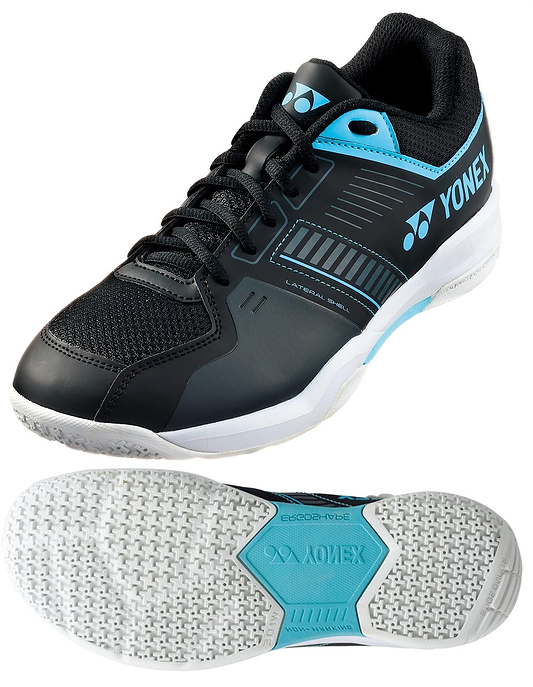The Yonex Power Cushion Strider Flow Men's Wide Badminton Shoes in black/blue feature a mesh upper with synthetic overlays, textured rubber sole for grip, lateral shell design, lace-up closure, and the Yonex logo on the side and tongue—perfect for badminton.