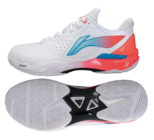 Introducing the Li-Ning LT01 Thunder Women's Badminton Shoes in White/Fruity Neon: sleek white with bold blue accents, featuring a striking coral heel. Equipped with Probar Loc for stability and a textured white sole with black details, these shoes ensure superior grip on the court.
