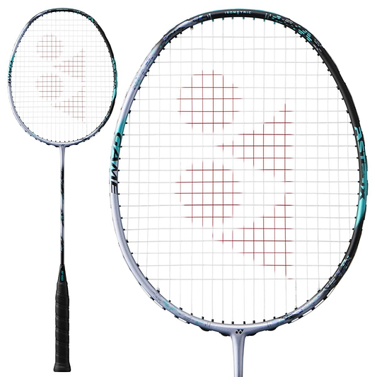 The Yonex Astrox 88S Game 4U Gen 3 2024 Badminton Racket features a stylish silver and black frame accented with vibrant teal highlights. Crafted for intermediate players, the strings create a dramatic red logo pattern in the center, and the handle is wrapped with a comfortable black grip tape.