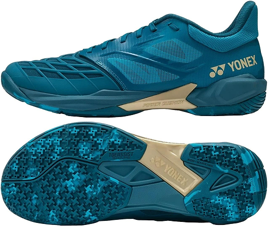 Two views of the Yonex Power Cushion Cascade Drive 3 Unisex Badminton Shoes in Peacock Blue: a side profile highlighting the Yonex logo and design, plus the sole with patterned grip, extra branding, and signature Power Cushion technology.