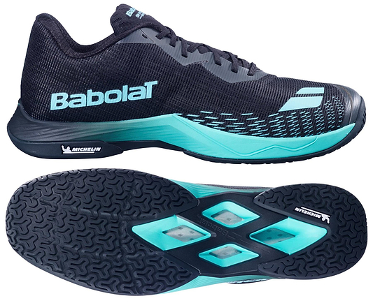 The Babolat Shadow Spirit 2 Men's Badminton Shoes in black/cyan feature a textured sole, mesh upper, and Babolat branding—ideal for indoor courts.