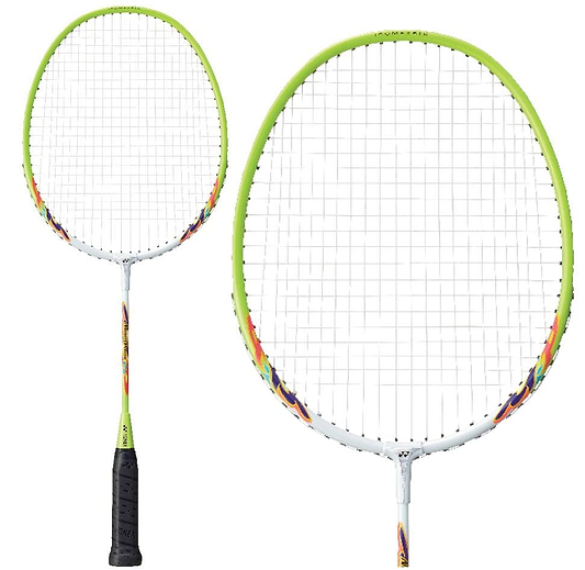 Displayed are two Yonex Muscle Power 2 Junior Badminton Rackets featuring isometric head shapes. They boast white frames accented with yellow and sport black grips. Their shafts are adorned with colorful designs, and the strings, enhanced by Muscle Power 2 technology, are tightly woven in a standard pattern.