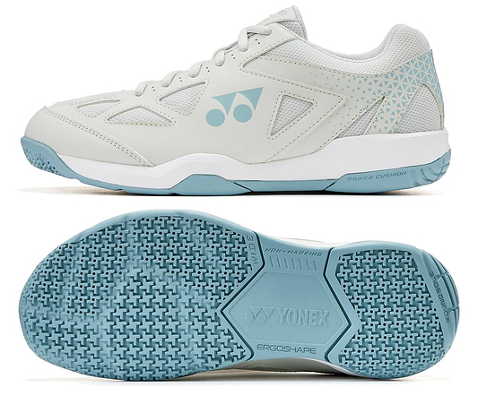 A close-up of the Yonex Power Cushion Strider Ray Unisex WIDE Badminton Shoes in Blue Grey, crafted with a wide fit for enhanced comfort and support.