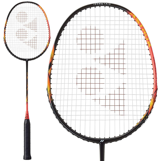 The Yonex Astrox E13 badminton racket features a stylish black handle paired with a bright red and yellow isometric head design, with the Yonex logo prominently displayed on the strings to boost performance.