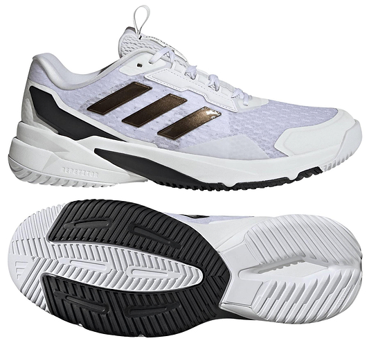 The adidas Crazyflight 6 Mens Indoor Badminton Shoes in white are shown from the side and bottom to display black stripes, tread pattern, and grip—ideal for agility on indoor courts.