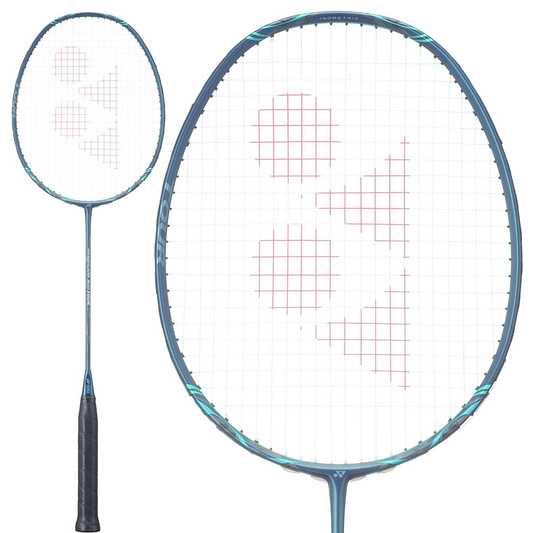 A close-up of a Yonex Nanoflare 800 Tour 4U badminton racket, perfect for advanced players. The deep green frame and white strings feature a distinctive red logo design. Wrapped in black grip tape, the handle enhances its sleek appearance, showcased from front and side angles.