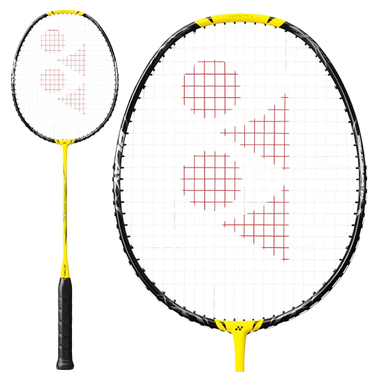 The Yonex Nanoflare 1000 Play 4U Badminton Racket in Lightning Yellow by Yonex showcases a striking combination of yellow and black, featuring an Aero Frame design. Its head displays a white string face accented with a red geometric logo, while the handle is wrapped in black grip tape, highlighted alongside a detailed view of the racket head.