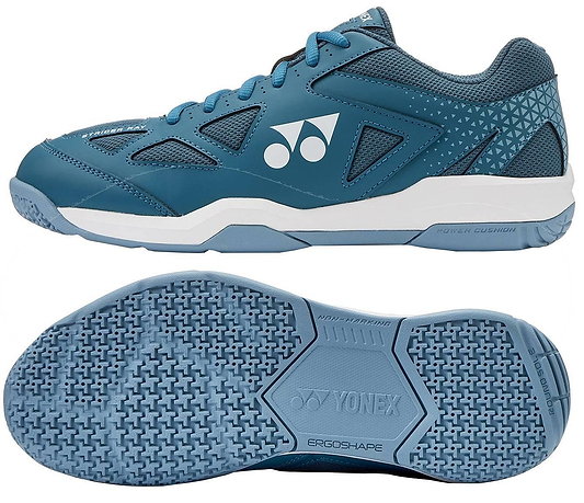 The Yonex Power Cushion Strider Ray Unisex Badminton Shoes in Teal Blue feature a geometric heel, visible Yonex logos, textured outsole grip, white cushioned sole, and Power Cushion technology for superior shock absorption.