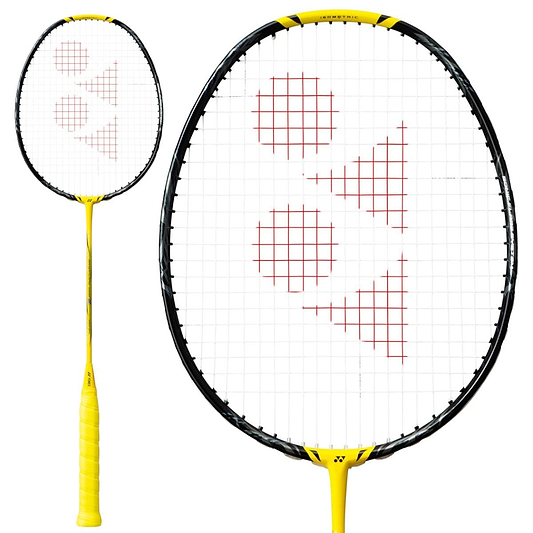 Introducing the Yonex Nanoflare 1000 Z 4U Badminton Racket in Lightning Yellow: this racket features a striking yellow and black design with a patterned string face and red geometric accents. Its handle is wrapped in yellow tape, providing agile maneuverability for achieving the fastest smashes on the court.