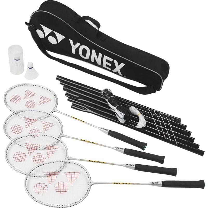 Yonex GR303 Badminton Racket and Net Set includes steel-framed Yonex GR303 rackets, a stylish black Yonex bag, a net with posts, two shuttlecocks, and simple assembly instructions. The rackets feature black grips and white strings with a red pattern.