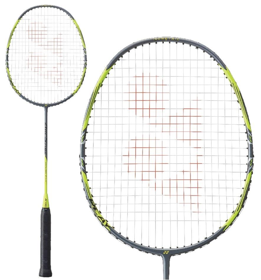 Close-up of a Yonex Arcsaber 7 Play 4U badminton racket featuring a black handle and an isometric frame in grey and yellow. The strings create a grid pattern, enhanced by CS Carbon Nanotubes, with the racket displayed from two angles: full view and close-up of the head.